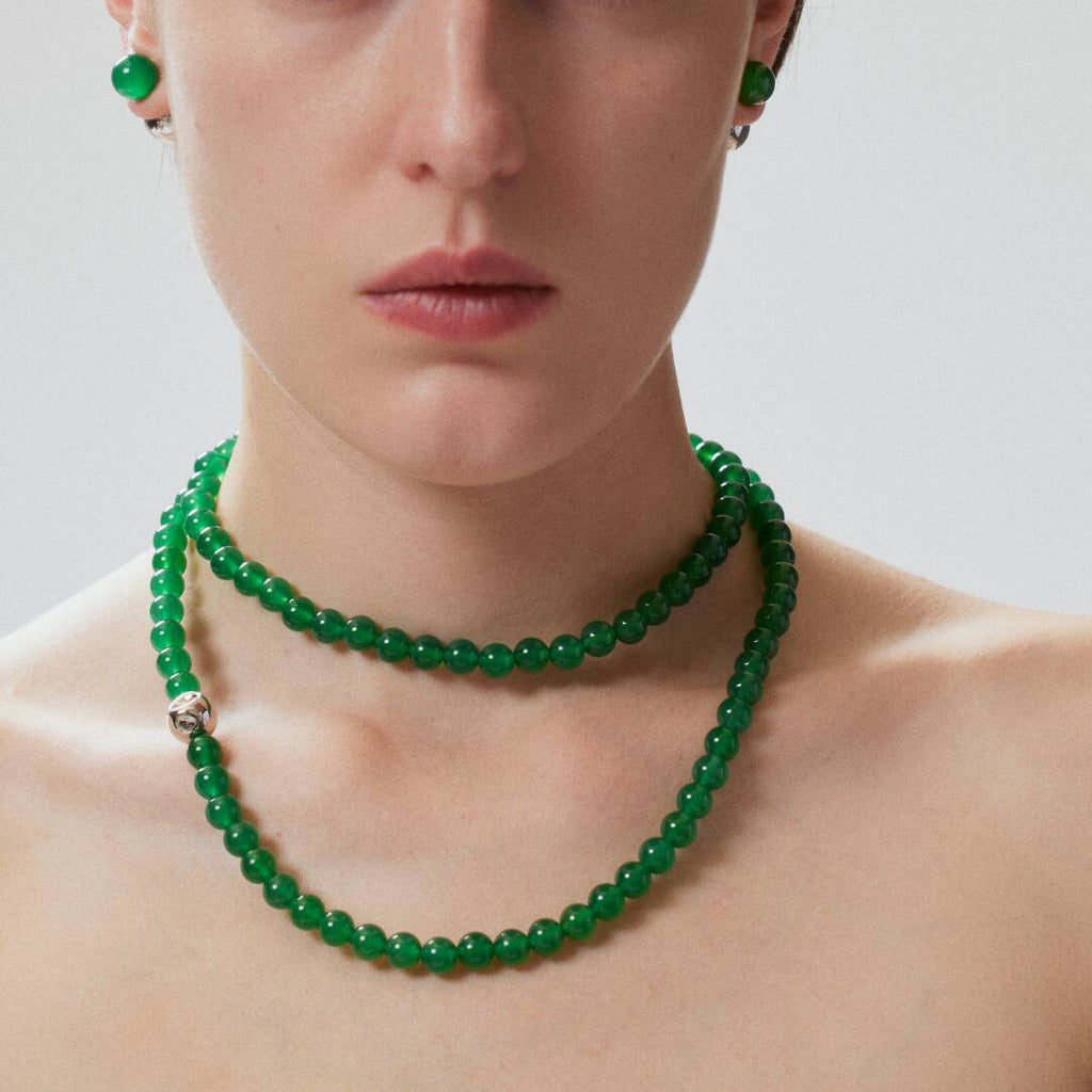 Long Necklace with Sunstone Dented Silver Spheres